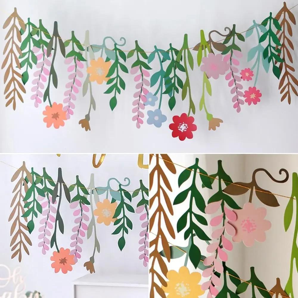 Баннер с цветами из длинных листьев Подвески для детской комнаты Весеннее окно Украшения для вечеринки на день рождения Фотография цветов
