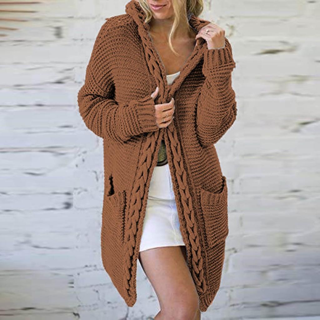 Женский осенне-зимний однотонный свободный вязаный свитер с карманом и капюшоном