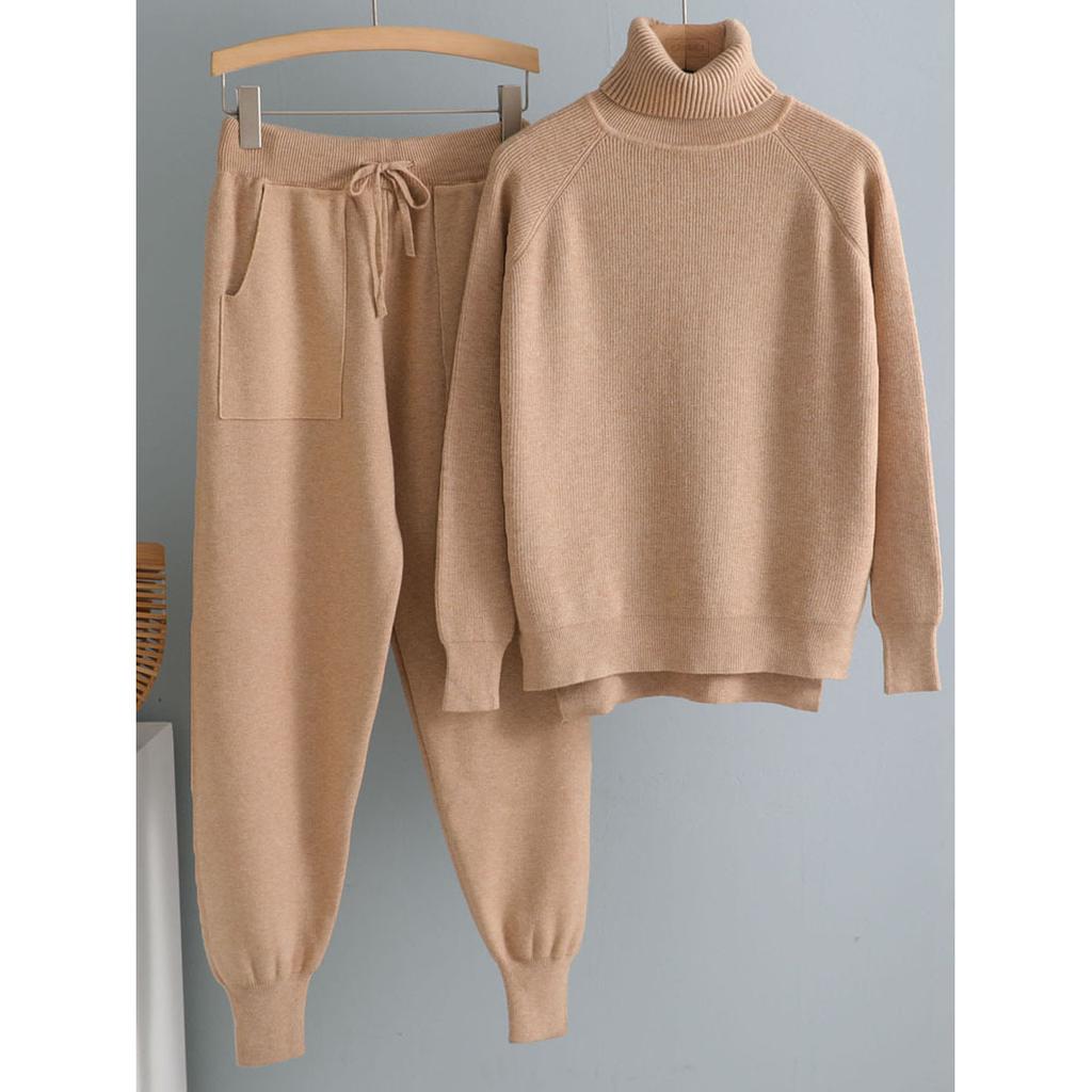 Комплект из 2 предметов женский трикотажный спортивный костюм водолазка свитер + морковные спортивные штаны пуловер свитер комплект ШИК трикотажная верхняя одежда