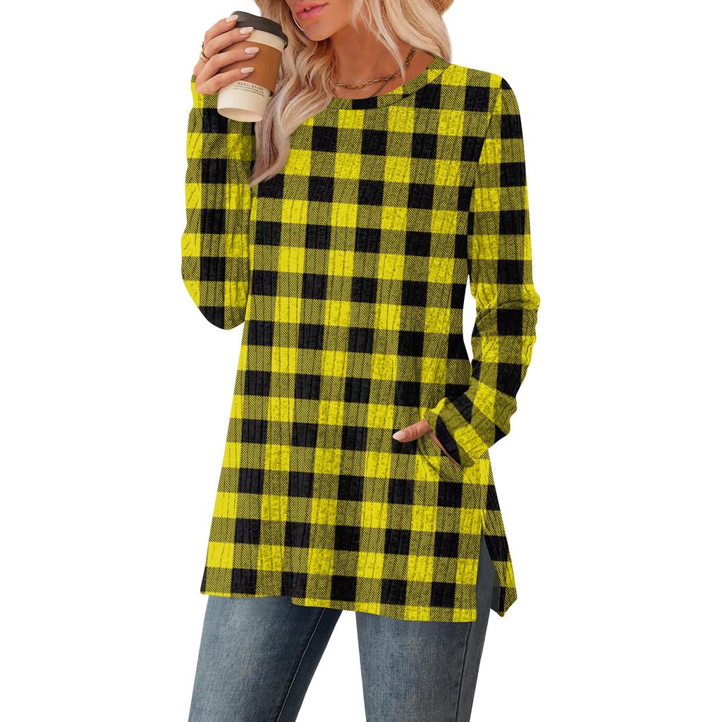 Women's Checkered Printed Round-neck Long-sleeved Top With Pockets And Side Slits