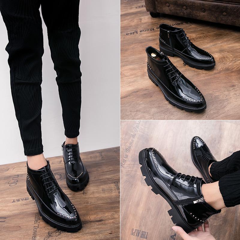 Ботинки Мужские Черные На Молнии Лакированная Кожа Толстая Подошва Обувь Европейский Молодежный Стиль Модные Ботинки Челси Размер 38-44 Мужские Ботинки