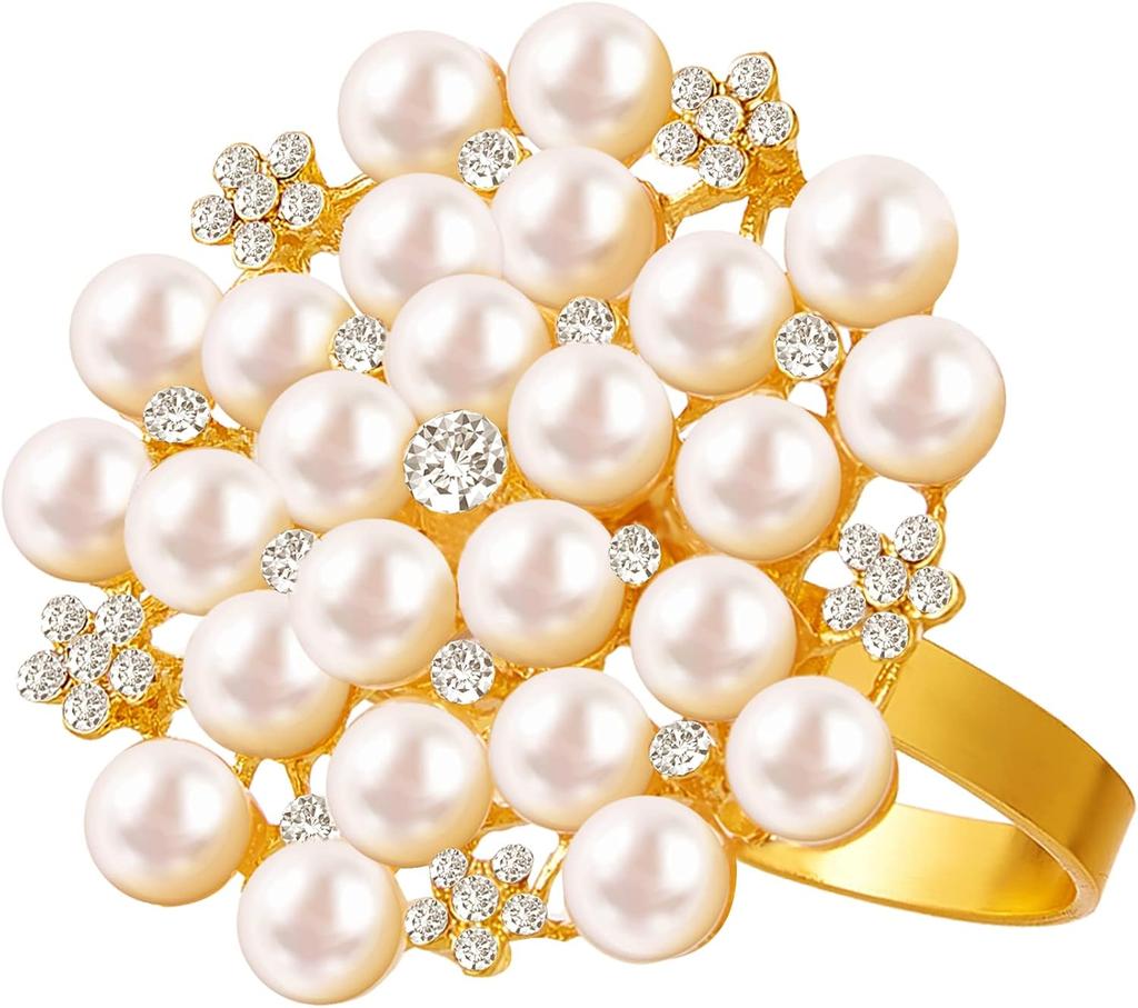 4PCS Rhinestone Pearl Napkin Rings for Table Setting Decorations, Gold Serviette Buckle Elegant Napkin Ring Holder for Wedding Dinner Table Decoration