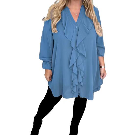 Женская рубашка с V-образным вырезом, длинным рукавом, оборками, повседневная рубашка, однотонные повседневные свободные топы, шифоновая блузка, повседневная одежда