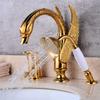 Tuqiu Gold Brass Swan Basin Faucet with Shower Head Bathroom Faucet Sink Mixer Tap Widespread Lavotory Faucet Sink Mixer