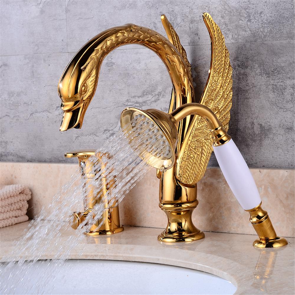 Tuqiu Gold Brass Swan Basin Faucet with Shower Head Bathroom Faucet Sink Mixer Tap Widespread Lavotory Faucet Sink Mixer