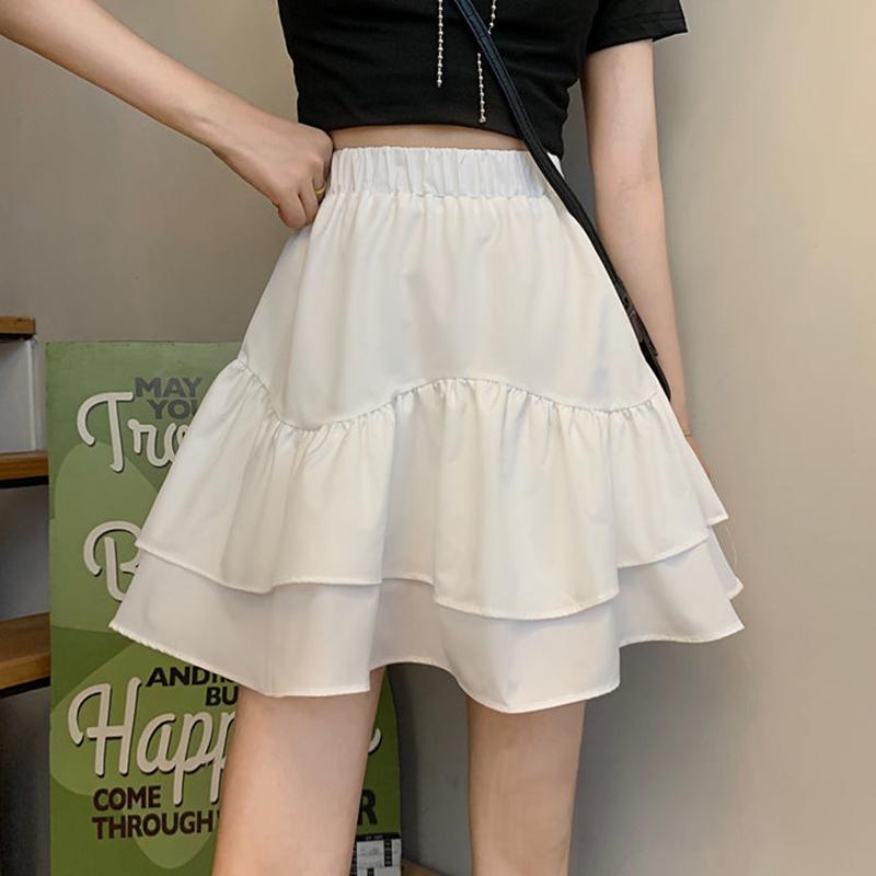 Skirts for Women Ruffled A-line Skirt Female Summer Thin Tutu Skirts Solid Color Preppy Style Elastic High Waist Casual Skirt