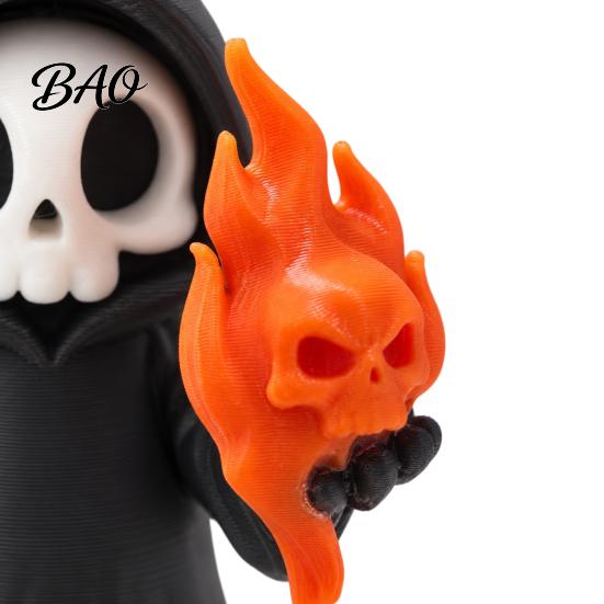 Decorative Figurine for Kids Cute Grim Reaper Halloween Figurine, 3D Printed Spooky Little Niche Gift Horror Fans Statue with Flame Skull, Desktop