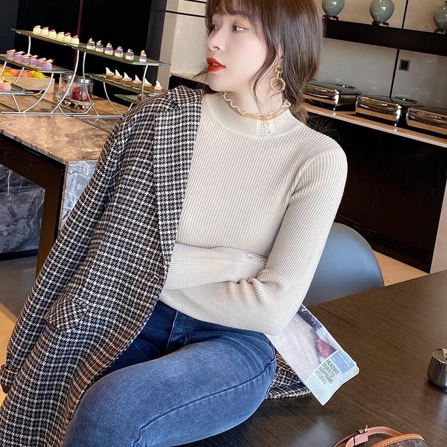 Кружевная рубашка для женской осенне-зимней домашней одежды, свитер с высоким воротом, белый трикотажный топ