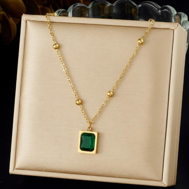 Gold Plated Emerald Square Pendant Necklace, Stainless Steel Station Chain Choker, Waterproof Green Gem Jewelry for Women Gift
