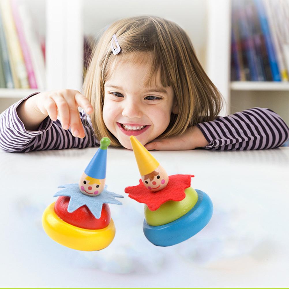 2Pcs Random Color Wooden Clown Spinning Top Tumbler Toy Clown Educational Gift for Kids Baby