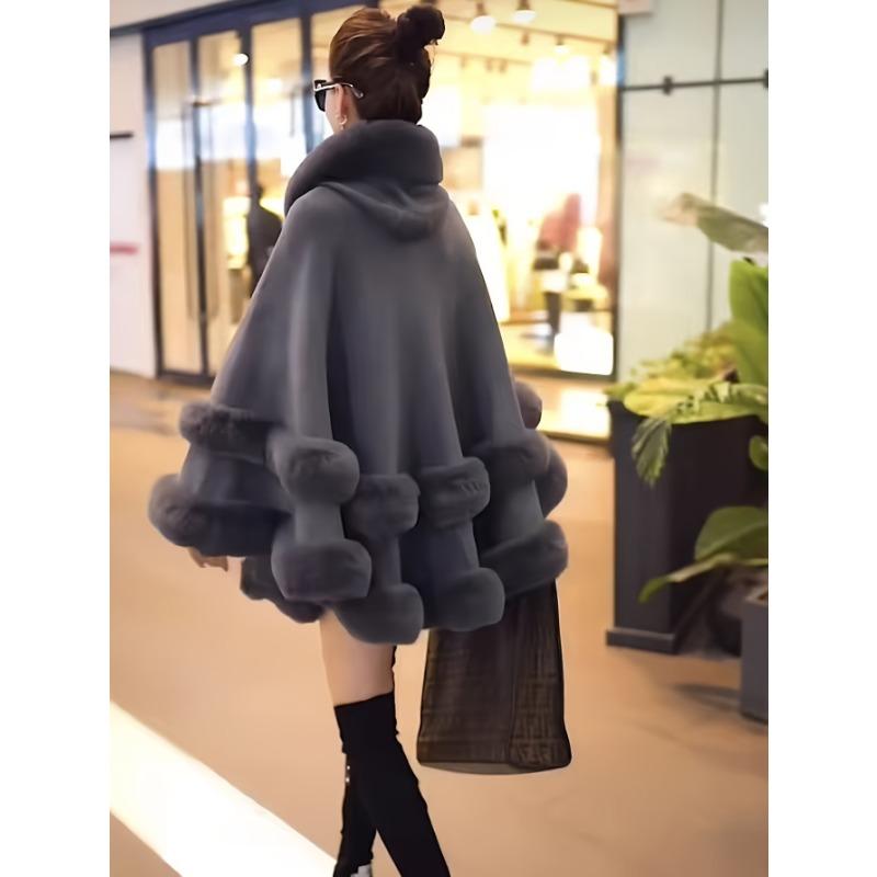 Women 2 Circle Faux Rabbit Fur Cape Poncho Winter Loose Warm Shawl Outerwear Cashmere Cloak Overcoat