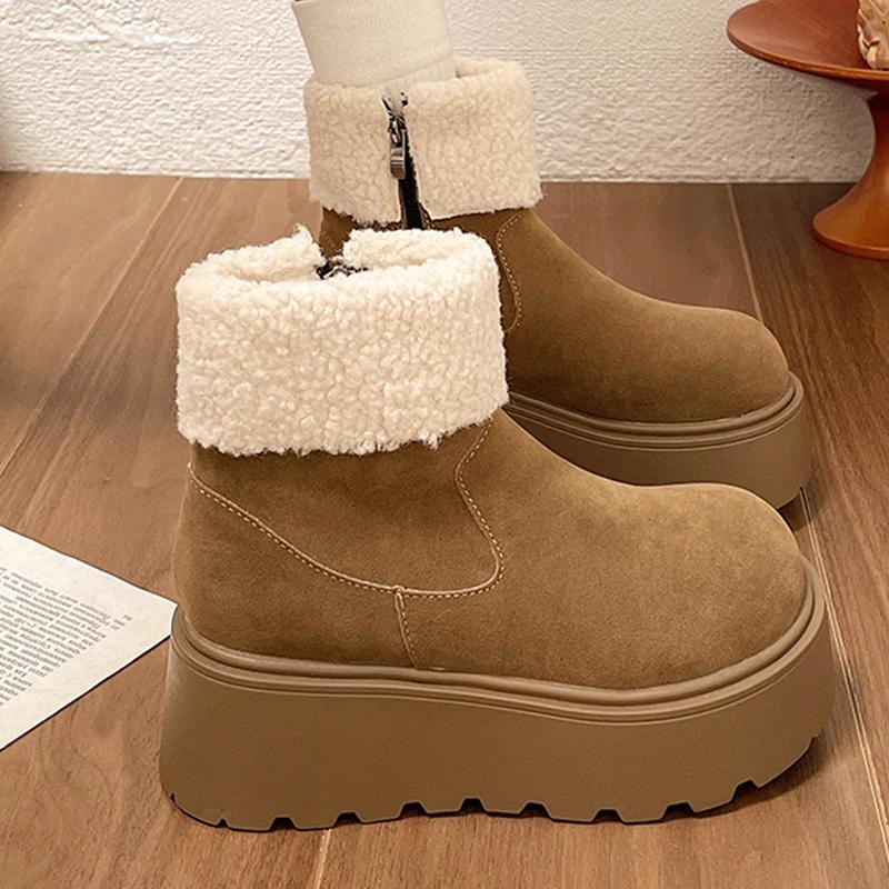 Ботильоны женские на меховой платформе, замшевые туфли на плоской подошве, женские, 2025 года, тренд, зимняя мода, дизайнерские, для ходьбы, повседневные, теплые, для снега, женские