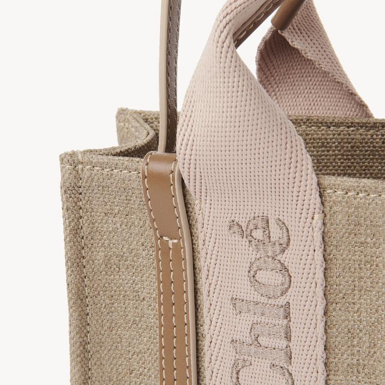 Chloe Woody Embroidered Logo Linen Canvas And Shiny Calfskin Tote Bag Shopping Bag Shoulder Crossbody Handbag Mini Women tote bags CHC24-UP237L17-26Y