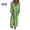 Женское принтованное макси-платье весна-лето с V-образным вырезом в стиле бохо, праздничное платье с длинными рукавами, свободное платье с карманами для повседневной жизни, вечеринок, пляжа