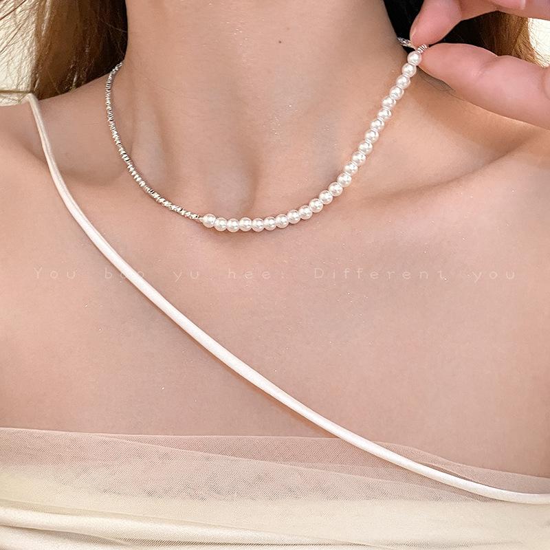 Broken Silver Splicing Pearl Necklace Women 2026 New Choker Neck Chain French Retro Light Luxury Collarbone Chain Accessories