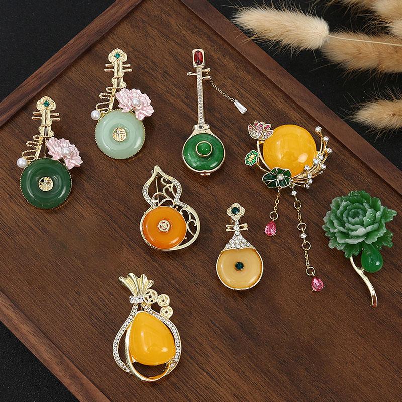 1PC Chinese Style Green Crystal Women Fashion Exquisite Gourd Shape Brooch Collar Pin Alloy Label