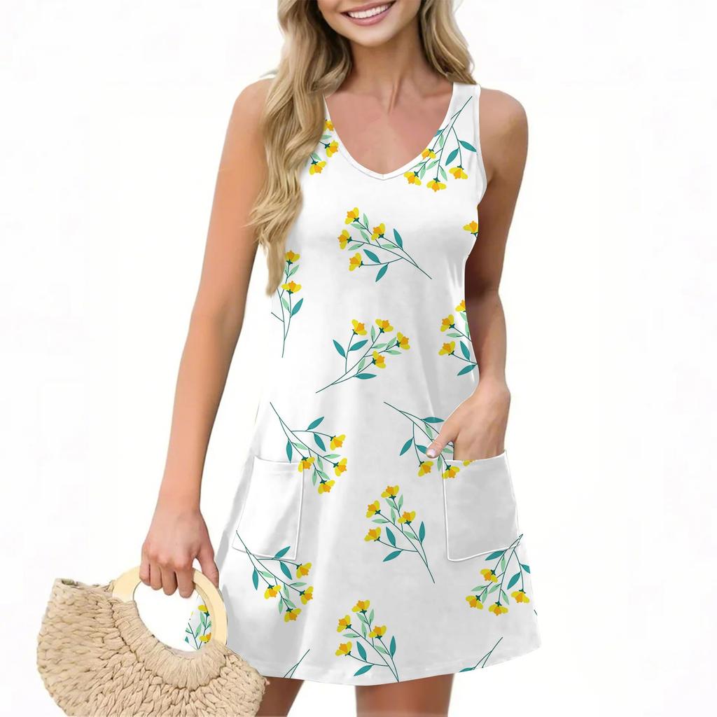 Женское повседневное летнее платье-жилет с карманами, цветочным принтом, V-образным вырезом, без рукавов