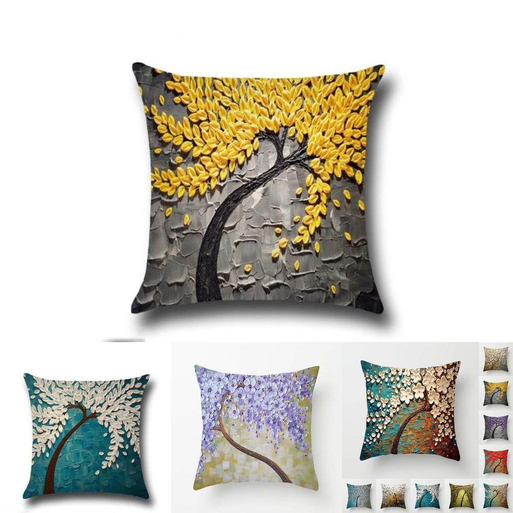 Elegant 3d Painted Tree Flowers Cotton Linen Cushion Cover For Home Decor