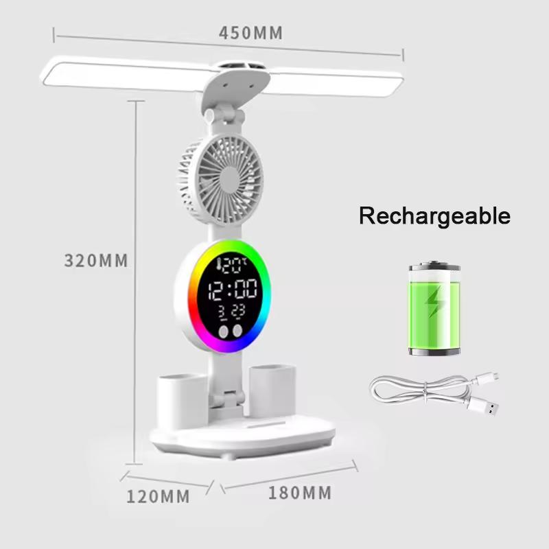 Rechargeable LED Desk Lamp for Study Desk Lamp, Reading Lamp, LED Night Light with Fan, LED Clock Display Reading Desk Lamp