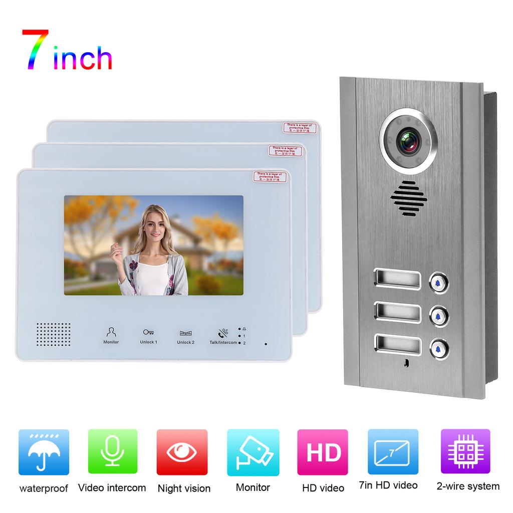 Visual Intercom Doorbell 7in TFT LCD 2 Wire Night Vision Security Door Phone 1 Camera 3 Displays