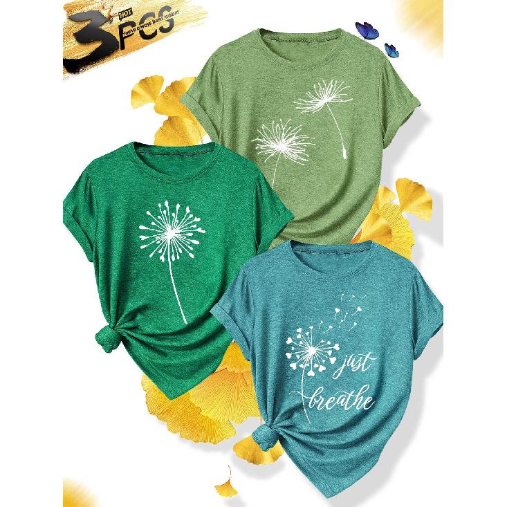 3Elegant plus-size short-sleeved outfit for sisters to attend parties T Shirt Just Breathe Dandelion print plus-size women's casual sportswear for
