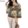 Women Ethnic Print Casual Round Neck 3/4 Sleeve Blouse