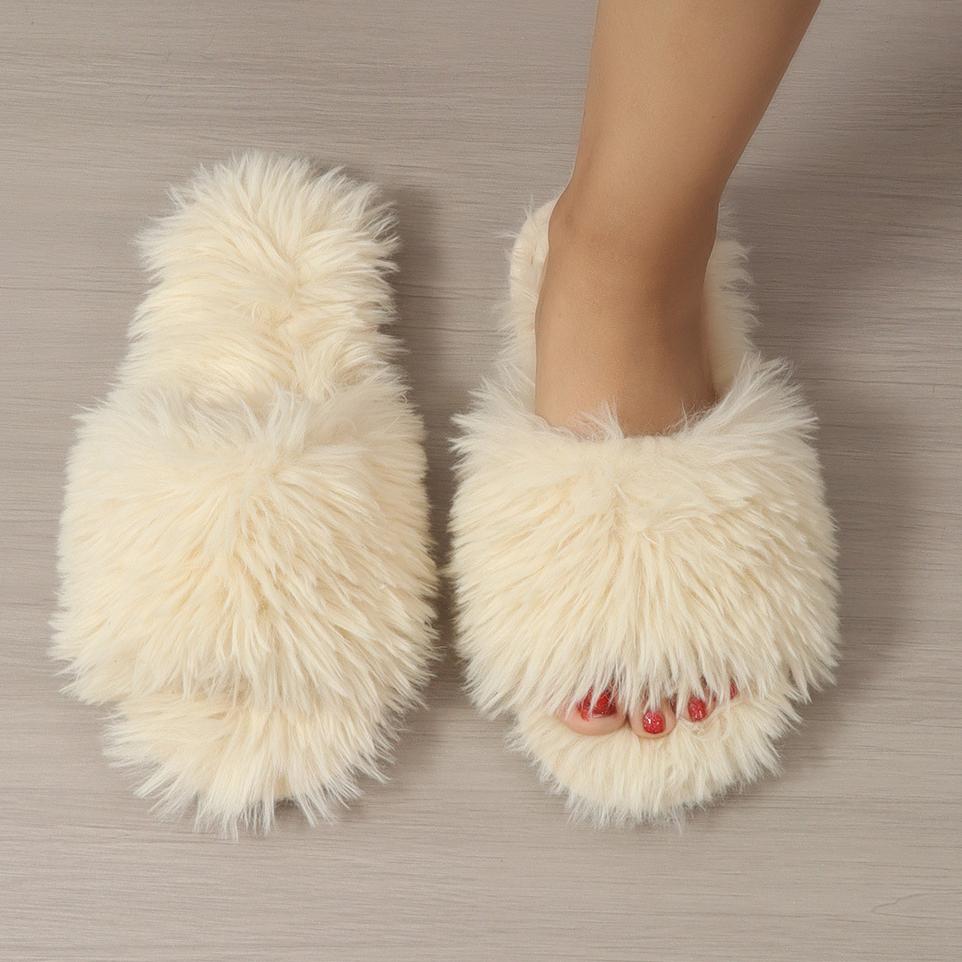 Женские пушистые зимние тапочки, однотонные мягкие туфли на плоской подошве с открытым носком, уютные и теплые домашние тапочки