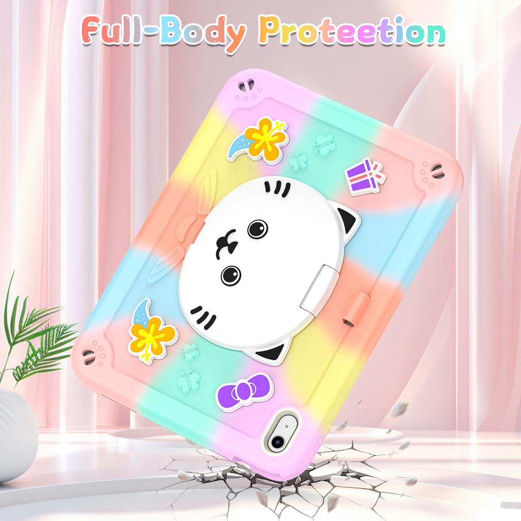 For iPad (2025)/iPad 10.9 (2022) Case PC + Silicone Colorful Tablet Cover with Cat Kickstand/Shoulder Strap