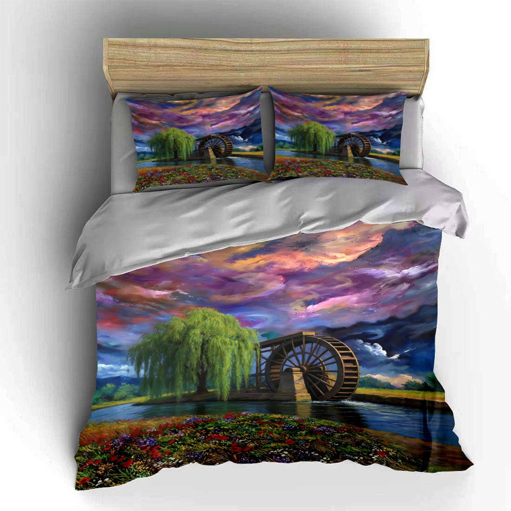 Willow tree and waterwheel. Bedding sets Duvet cover sets Duvet covers Pillowcases(1 * Duvet Cover 2 * Pillowcases without duvet insert)