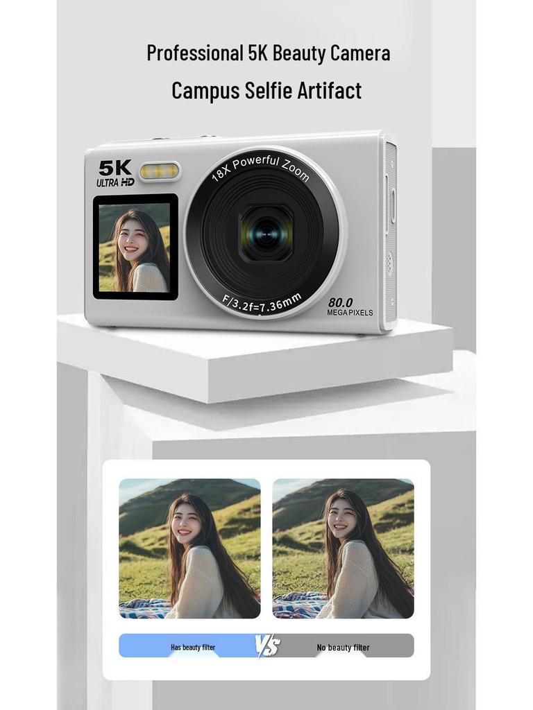 5K HD Dual-Screen Digital Camera with Selfie and WIFI Transfer To Mobile Phone