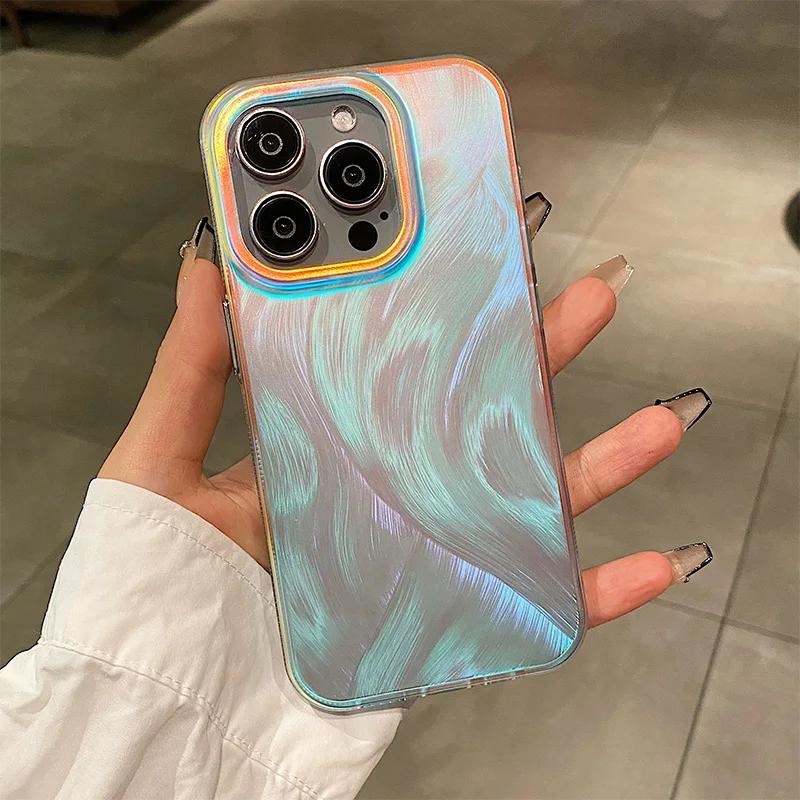 Радужный градиентный цветной чехол для iPhone 15 14 16 Pro Max 13 12 11 Волна Лазерное Перо Ударопрочная Акриловая Крышка для iPhone 15