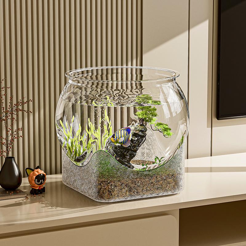 Compact Desktop Ecosystem Tank: Round Bottom, Ideal for Living Room or Study, Includes Decorative Micro Landscape and Small Fish Aquarium.