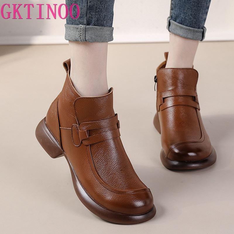Fashion GKTINOO 2025 Autumn Women's Shoes Genuine Leather Boots Women Fashion Winter Boots Women Non-slip Warm Low Heel Shoes Women