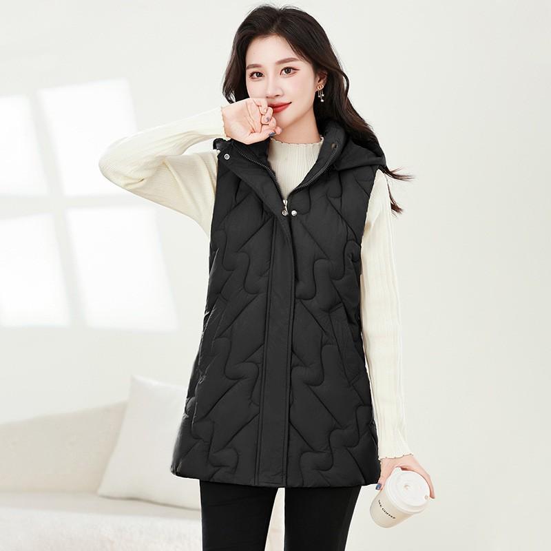 Womens Hooded Puffer Vest Mid-Length Warm Down Cotton Filled Sleeveless Coat Casual Korean Style