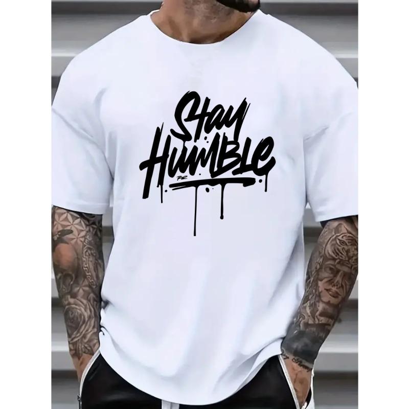 Европейский размер Мужская футболка с принтом "Stay Humble" - Повседневная и стильная, дышащая, с буквенным принтом