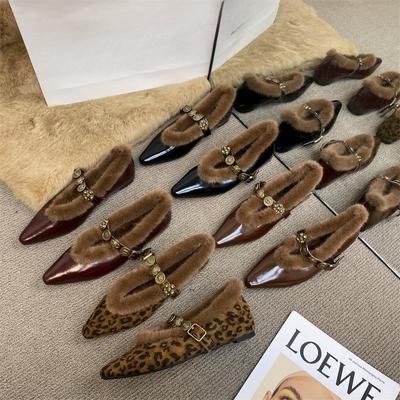 Туфли Мэри Джейн из кожи с металлической пряжкой, пушистые туфли, французские остроносые ретро-бархатные женские теплые туфли из хлопка