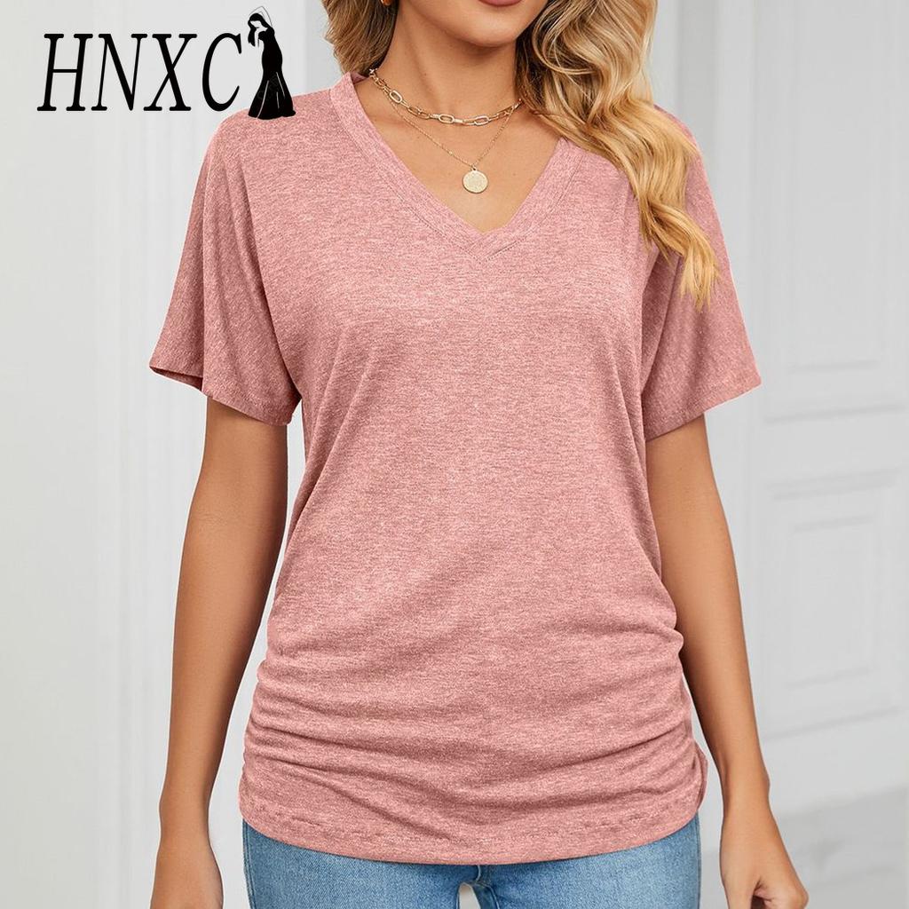 HNXC Women's Fashion Casual Summer Solid Color Print Short Sleeve V-Neck Blouses & Shirts