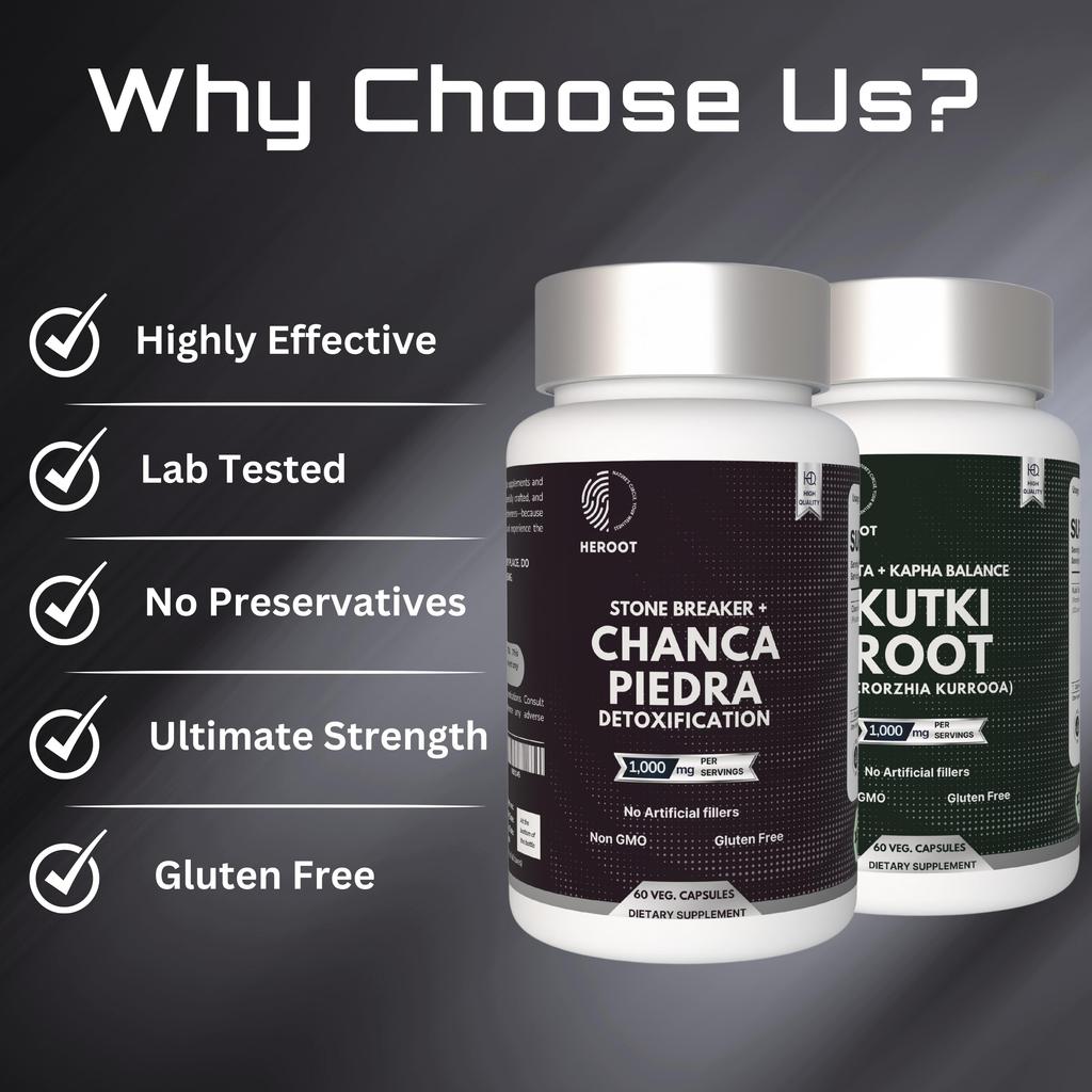 Heroot Liver & Kidney Support Capsules – Kutki Root & Chanca Piedra (Stone Breaker) | Digestive Wellness | 2 X 60 Veg Capsules Combo