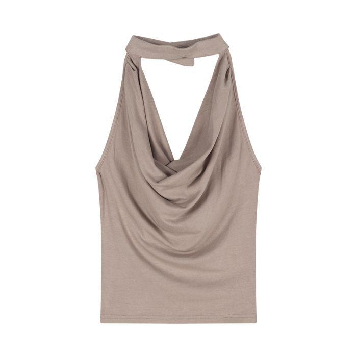 Хаки Топ-майка с открытой спиной, драпированным вырезом и завязками на шее - Женский летний топ без рукавов