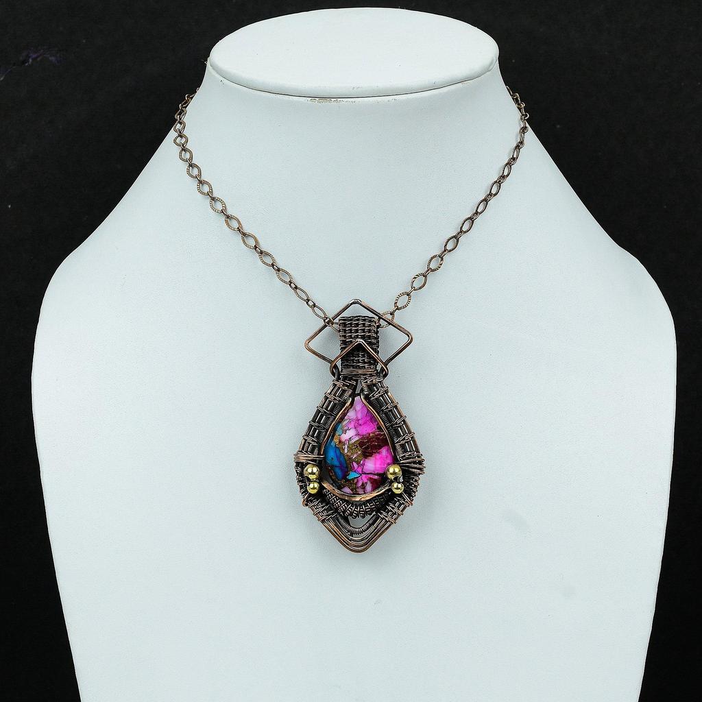 Кулон из бирюзы с натуральным розовым георгином Kingman, медная проволока, обернутая драгоценным камнем, ручная работа, медные украшения, подарок для мамы, обернутые проволокой украшения