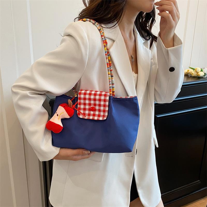 Повседневная нейлоновая клетчатая сумка через плечо с подвеской, дофаминовая сумочка, большая вместимость, женская сумка-тоут для поездок на работу, трендовые сумки под мышкой