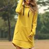 Fall Winter Dress Hooded Long Sleeves Big Patch Pocket Drawstring Above Knee Length Plus Size Loose Solid Color Thick Mini Dress