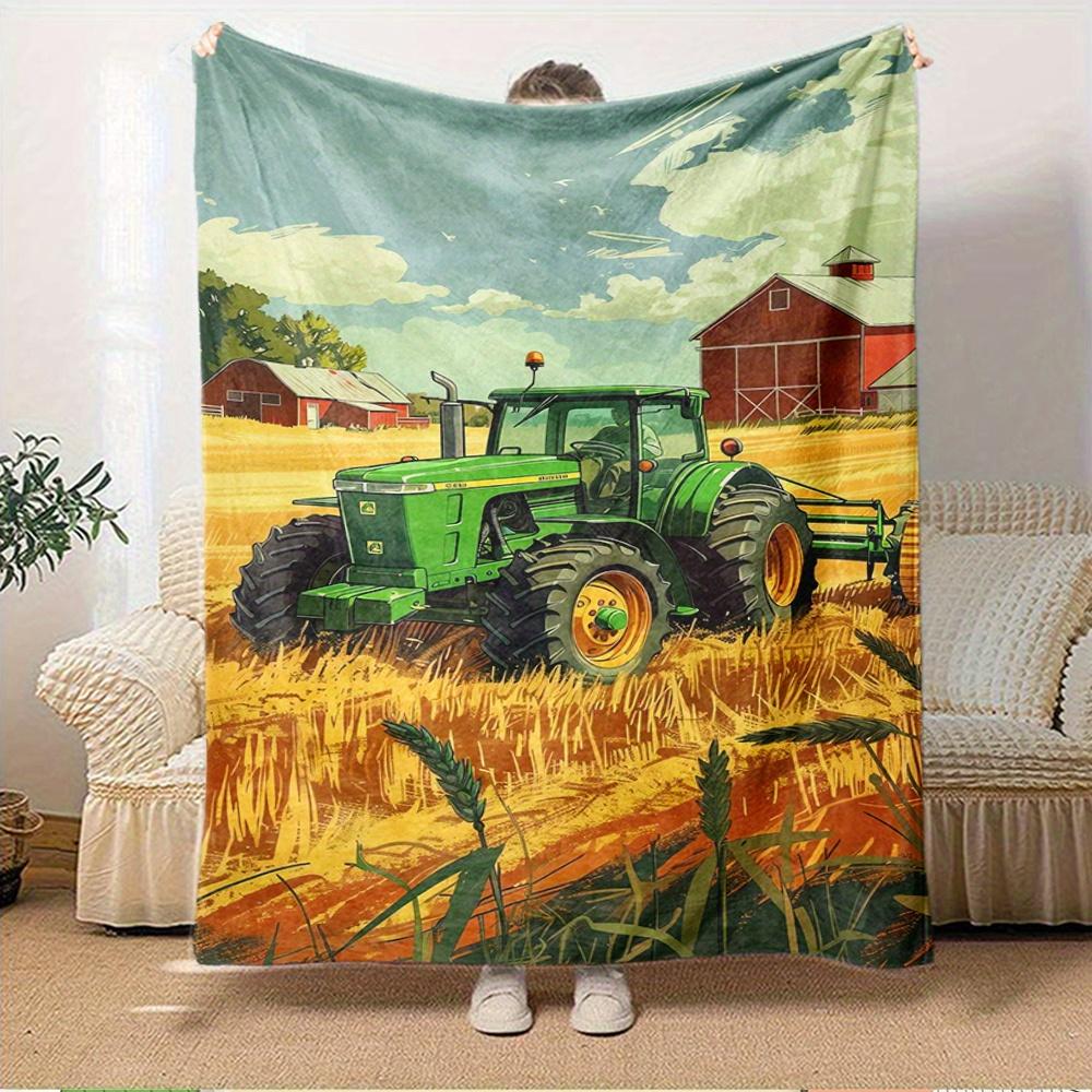 For Tractor,Farm,Harvest-Themed Flannel Blanket, Glam Style, Digital Print, All-Season Comfort, Tear-Resistant, Knitted Craftsmanship, Polye