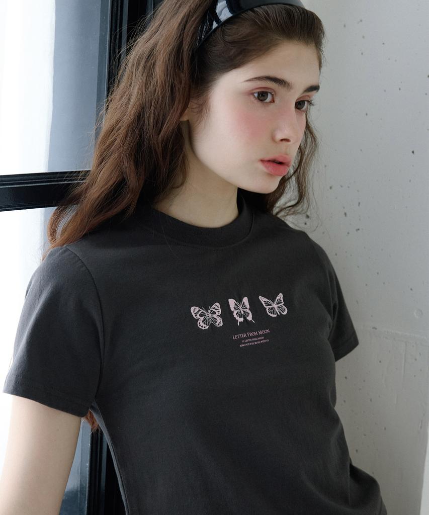 LETTER FROM MOON Triple Butterfly Embroidery Short Sleeve T-Shirt (Charcoal)