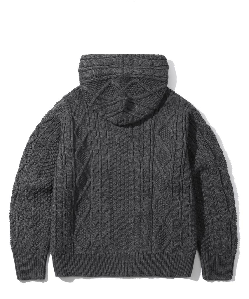 TRILLION Washable Aran Cable Hooded Zip-Up Knit (Charcoal)