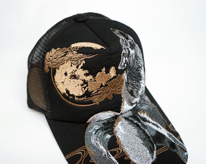 Karakuri Damashii Japanese Pattern Cap, Wolf and Fujin Raijin Embroidery, Men's Wafu Hat, Free Size