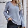 Women's Autumn and Winter Loose Large Size Knit Sweater Pullover Solid Color V-Neck Sweater