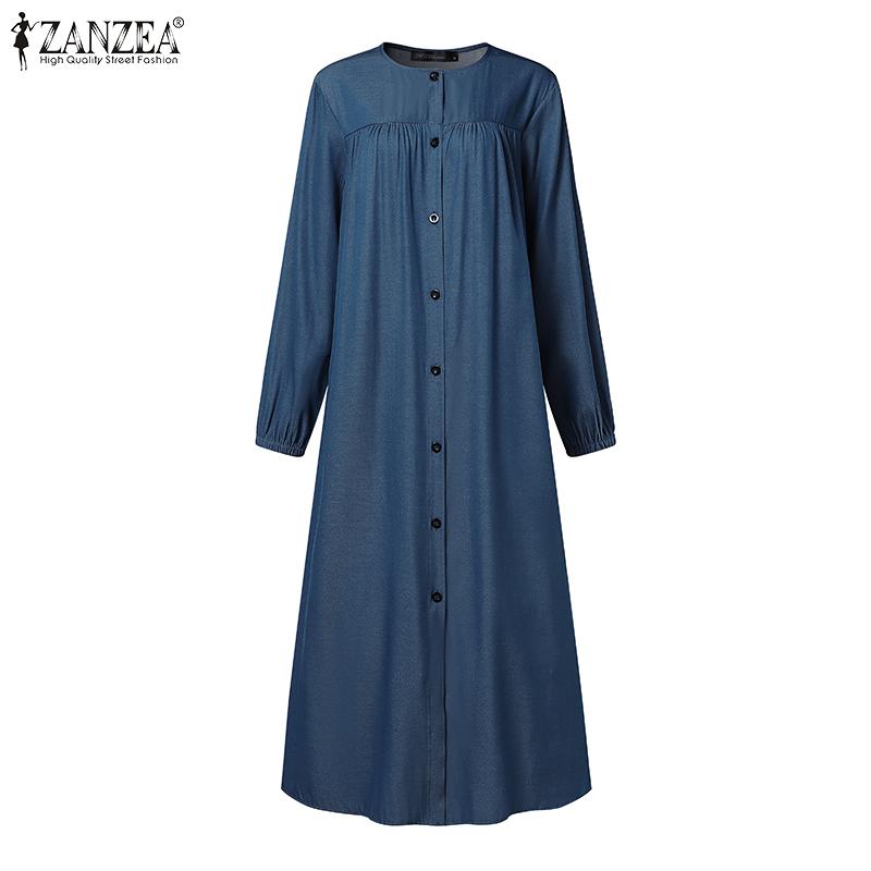 ZANZEA Женское повседневное платье с круглым вырезом и длинным рукавом из синего денима