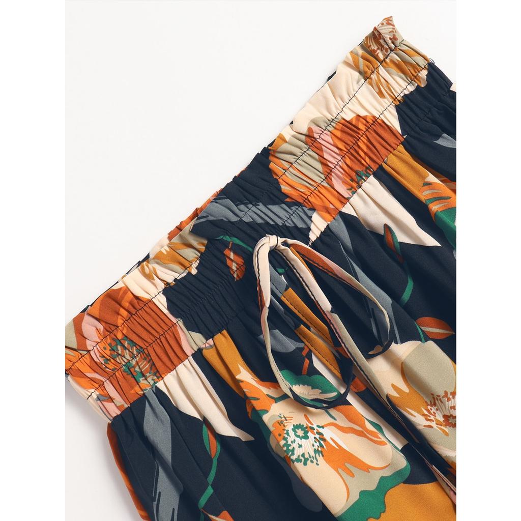 A-line Skirt, Pleated Skirt, Floral Print, Elastic Waist, Midi Skirt