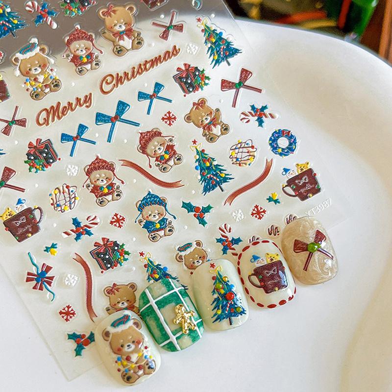3D милый медведь рождественский нейл-арт наклейка тисненая рождественская елка подарочная коробка ПВХ клей наклейки для нейл-арта маникюрный салон своими руками